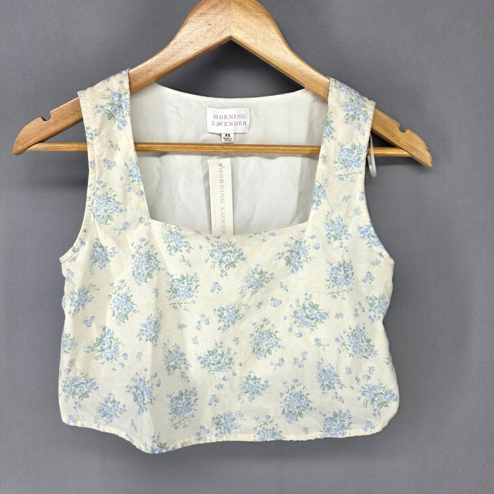 Morning Lavender Crop Top Womens XS Cream Blue Floral Square Neck MST7977 NWT